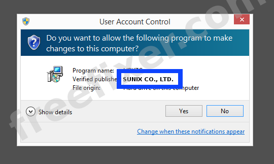 Screenshot where SUNIX CO., LTD. appears as the verified publisher in the UAC dialog